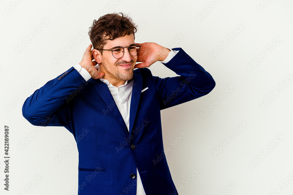 Young business caucasian man isolated on white background suffering neck pain due to sedentary lifestyle. Young business caucasian man isolated on white background suffering neck pain due to sedentary lifestyle.