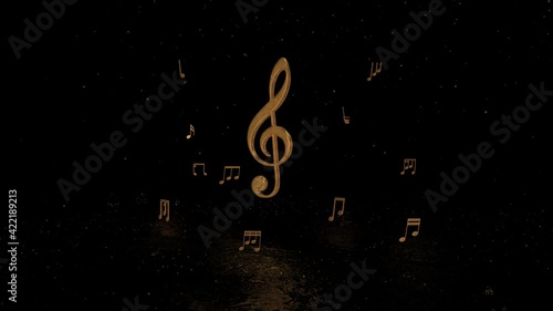 3d gold music notes animation footage,music concept wallpaper,golden particles rain drops on a dark floor,dark background photo