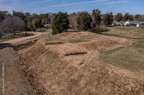 Closeup  view of Fort Hoke earthworks with cannon gun loopholes in Richmond Virginia defense line  protected the confederate city from the union forces  civil war battlefield trail  ditch