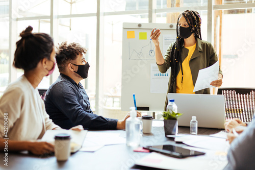 Business team wearing protective masks while meeting in the office during the COVID-19 epidemic