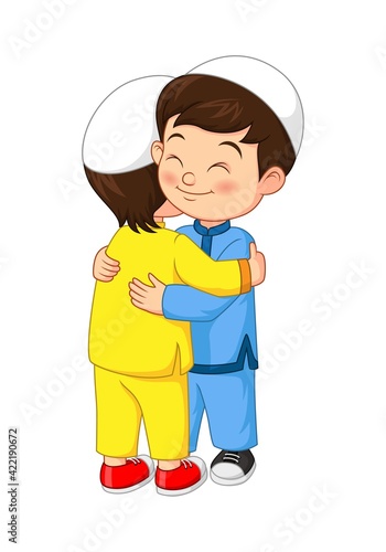 Happy muslim kids hugging celebrating Eid Al Fitr