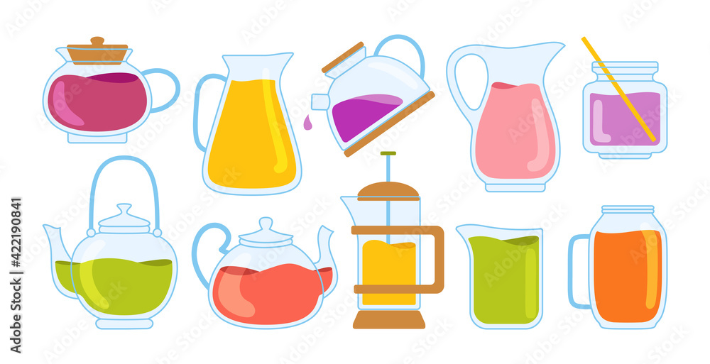 Teapot and kettles cold tea or cocktails cartoon set. Tea time teapot dishes jar with drinks. Summer hand drawn glassware jar kitchen tools. Flat outline kitchenware, design trendy vector illustration Teapot and kettles cold tea or cocktails cartoon set. Tea time teapot dishes jar with drinks. Summer hand drawn glassware jar kitchen tools. Flat outline kitchenware, design trendy vector illustration