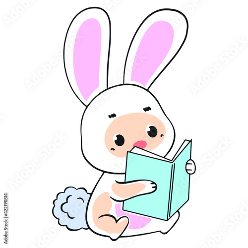 cute baby hare is reading on white background  vector illustration.
