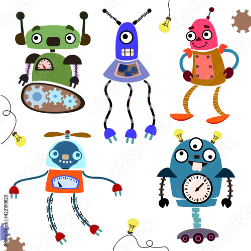Set of colored robots. Aliens cartoons  funny. vector illustration. colorful good robots  lovely.