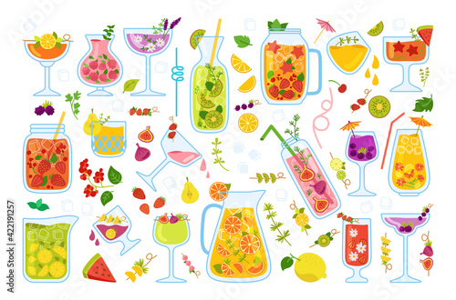 Tropical cocktails, summer juice cartoon set. Strawberry Lemonade and Tea, Mojito, Watermelon and Orange fresh Smoothie menu. Glass drinks, hand drawn flat design menu. Trendy vector illustration