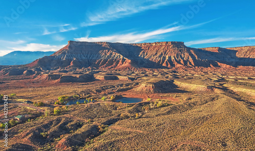 Aerial view from a drone, beautiful scenery, views of incredibly scenic cliffs and mountains in Zion National Park, Utah, USA.