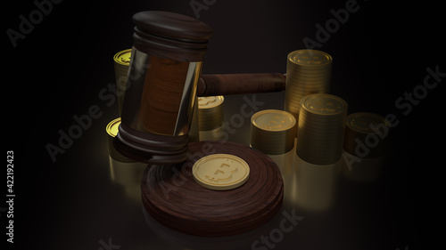 The hammer wood and bitcoin for cryptocurrency law content 3d rendering