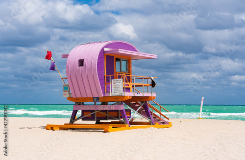 Colorful lifeguard  ower on sunny South Beach, Miami, Florida, USA