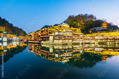 Blues night view of Phoenix Ancient Town in Xiangxi, Hunan, China