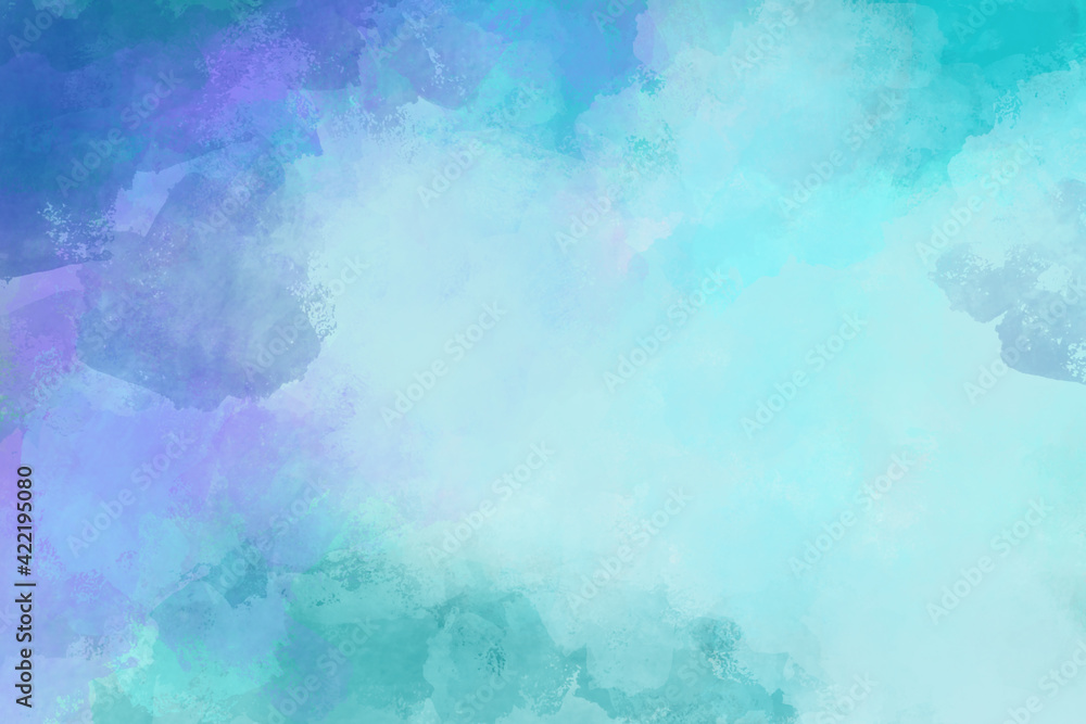 Blue green watercolor background with abstract texture grunge border with soft pastel purple cloudy color