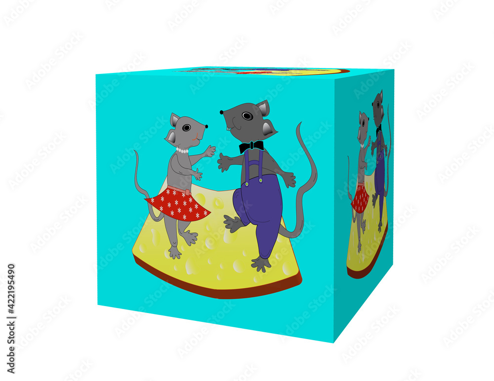 Cheerful package design with a cheerful pair of mice. Illustration of a packaging package with dancing mouses on cheese, object white isolated.