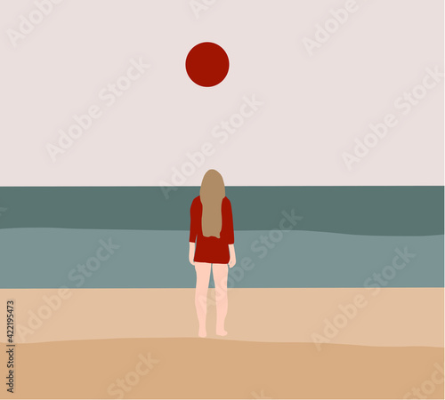 Minimal Woman in red dress looking to sea relaxing on travel holidays. Girl on the nature on blue sky background. Modern minimal wall art