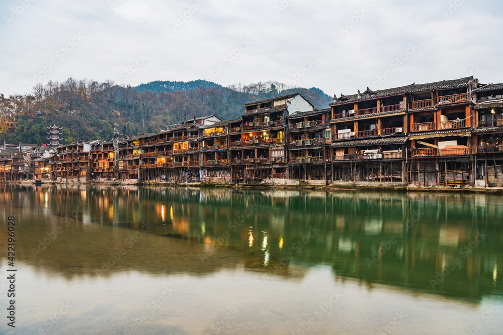 Beautiful view of the riverbank in the early morning of Phoenix Ancient City, Xiangxi, Hunan, China