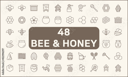 Set of 48 bee and honey line style. Contains such icons as organic, sweet, natural, honey bee, fresh, apiary, beehive, honey jar, spoons, honeycombs And Other Elements. customize color, easy resize.