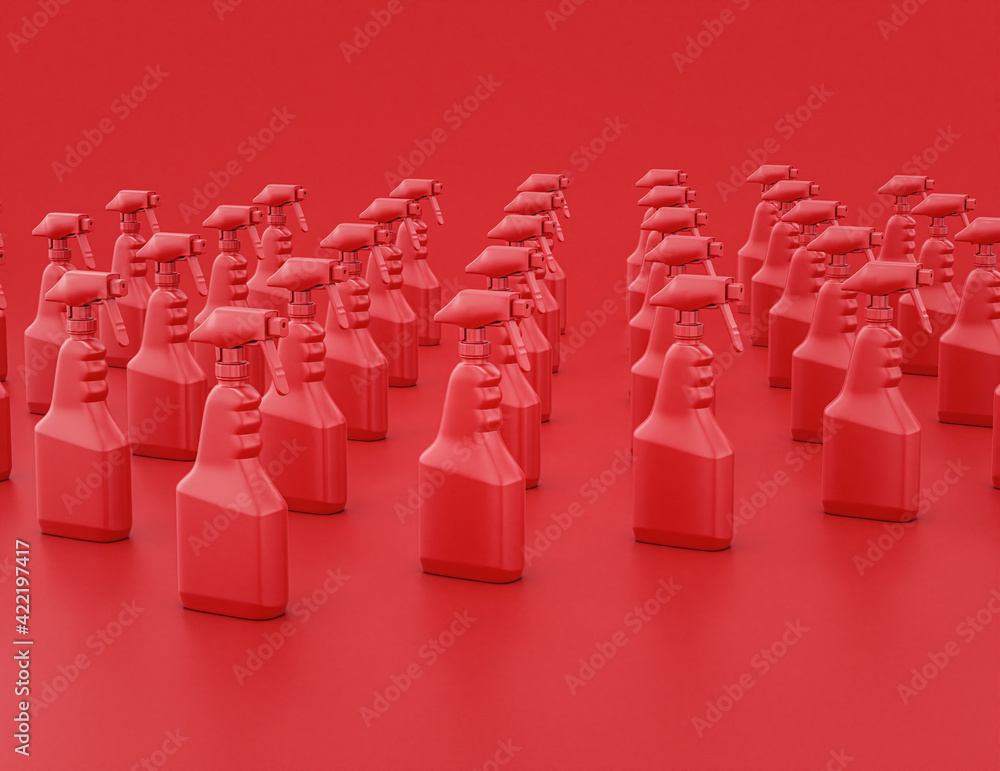 Fototapeta premium A group of multiple shiny red plastic cleaner spray container in red background, flat colors, single color, 3d rendering virus protection liquid