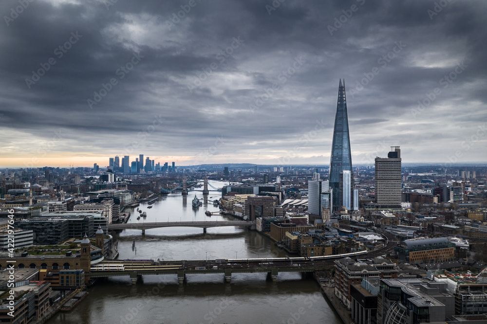 London city aerial view cloudy skyline