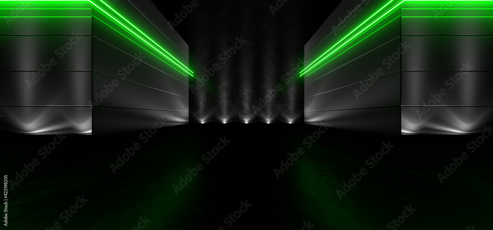 Sci Fy neon lamps in a dark tunnel. Reflections on the floor and walls. 3d rendering image. Sci Fy neon lamps in a dark tunnel. Reflections on the floor and walls. 3d rendering image.