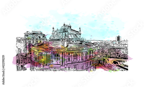 Building view with landmark of Odesa is the 
city in Ukraine. Watercolour splash with hand drawn sketch illustration in vector.