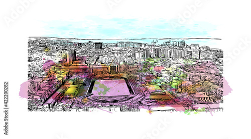 Building view with landmark of Odesa is the 
city in Ukraine. Watercolour splash with hand drawn sketch illustration in vector.