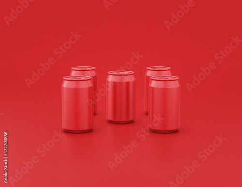 multiple flat color shiny red plastic soda cans in rows in red background, monochrome, single color, 3d rendering