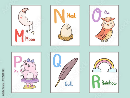 Set of Alphabet flash card design illustration for kids M N O P Q R