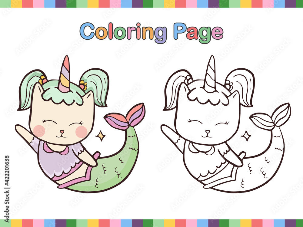 Cute cat mermaid coloring book page for kids Stock Vector | Adobe Stock