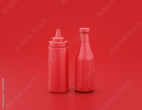 shiny red plastic ketchup bottle and mustard container with in red background, flat colors, single color, 3d rendering