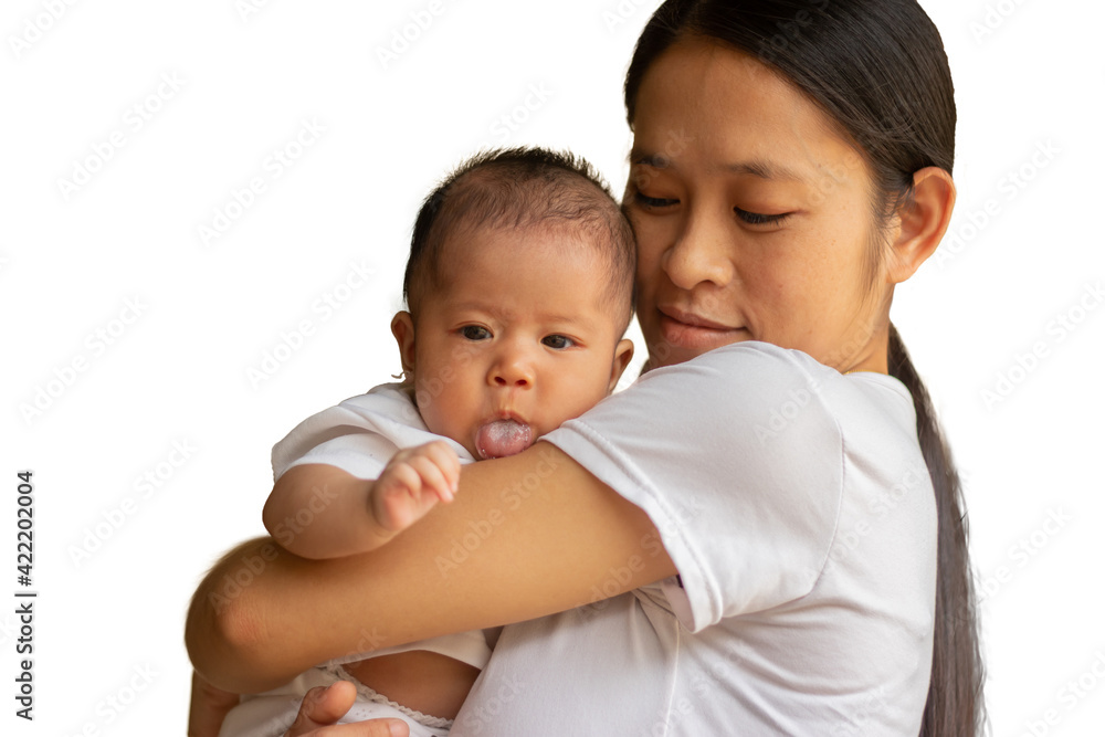 Mother was holding the baby with white background Mother was holding the baby with white background