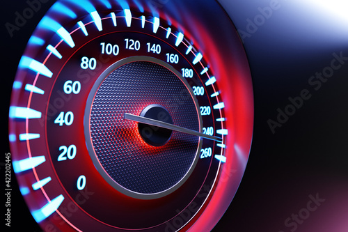3D illustration close up black car panel, digital bright speedometer in sport style under red neon light. The speedometer needle shows a maximum speed of 240 km / h photo
