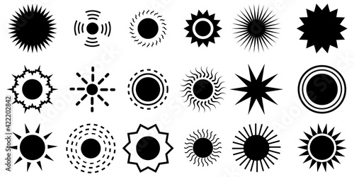Black sun stars set. Christmas light effect. Holiday flower star. Outline symbol collection. Stock image.