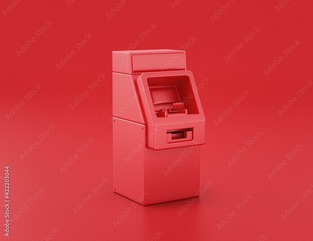 shiny red plastic Automated Teller Machine or ATM machine in red background, flat colors, single color banking machine, 3d rendering shiny red plastic Automated Teller Machine or ATM machine in red background, flat colors, single color banking machine, 3d rendering
