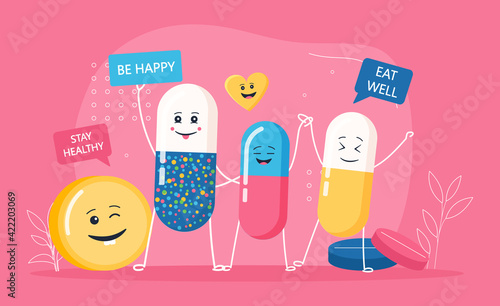 Healthcare poster design with happy pills holding banners