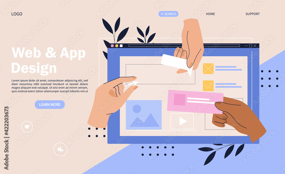 Web design concept with hands placing elements onto a digital device screen - obrazy, fototapety, plakaty 