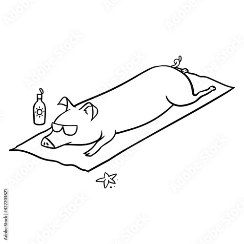 pig laying at the beach hand drawn.