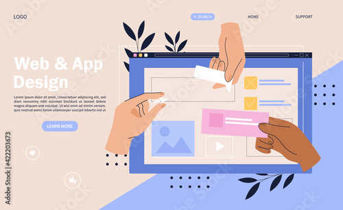 Web design concept with hands placing elements onto a digital device screen