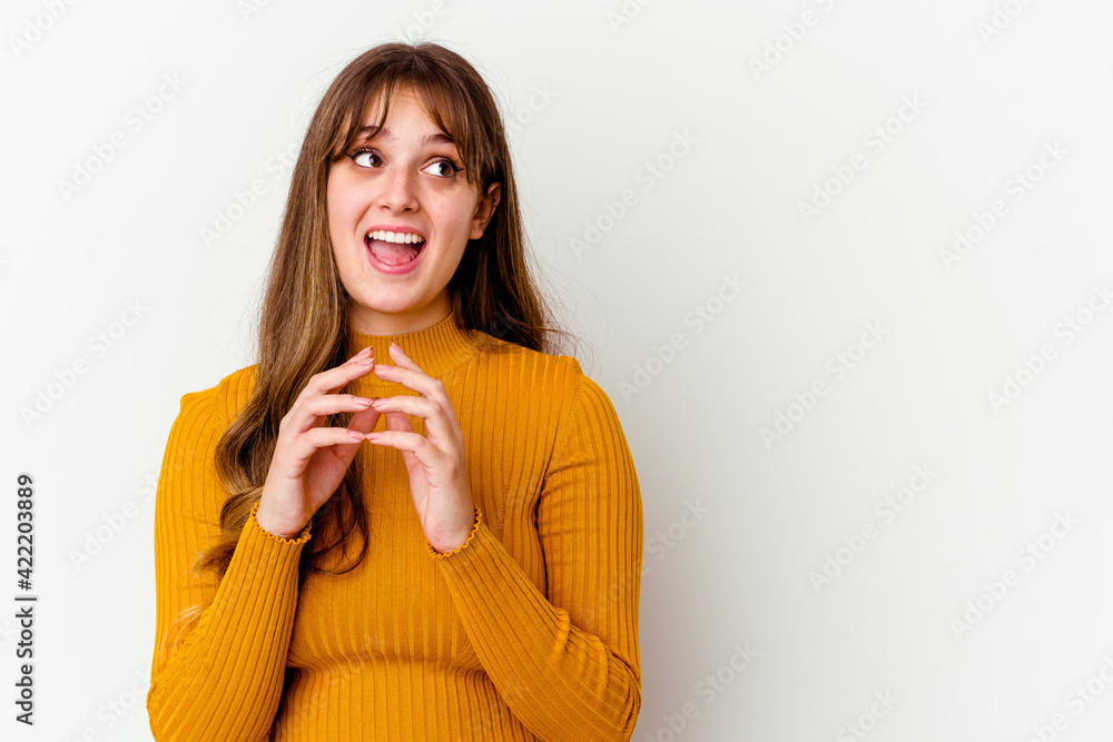 Young caucasian cute woman isolated on white background making up plan in mind, setting up an idea. Young caucasian cute woman isolated on white background making up plan in mind, setting up an idea.