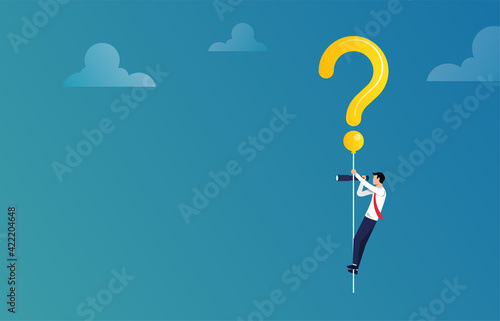 Finding solution and problem solving concept. Businessman flying with question mark vector illustration.