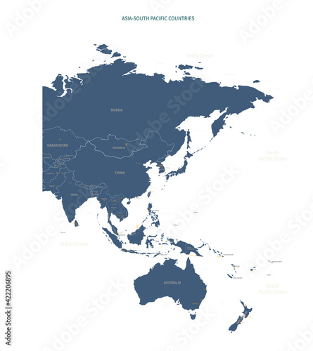 A detailed map of Asia-Oceania. Asia -South Pacific map vector with country and capital name.