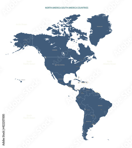 A detailed map of North America-South America. American map vector with country and capital name.