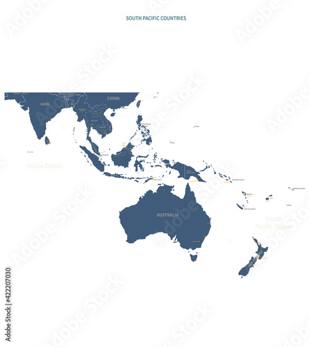 A detailed map of South Pacific. South Pacific map vector with country and capital name.