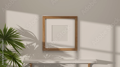 Foto 3D rendering, interior home design with mock-up frame on white wall, white desk