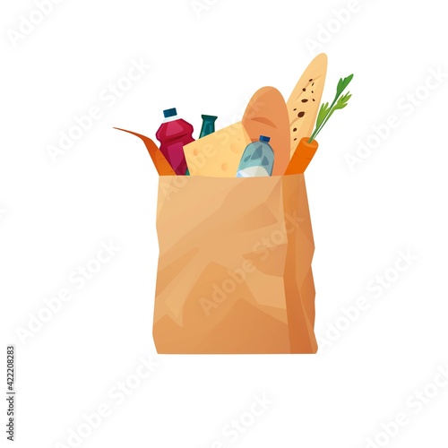 Recyclable eco paper shopping bag with food. Bread, carrot, cheese, juice. Zero waste concept.  Vector cartoon illustration.