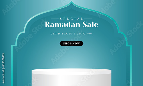 Sales promotion banner for ramadan sale with circle pedestal, plinth, pillar or display stage.