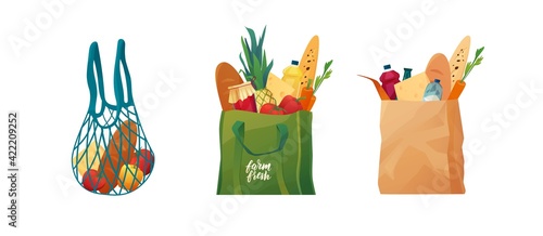 Recyclable eco shopping bags and cotton mesh with food. Shoppers made of  paper, fabric. Zero waste concept.