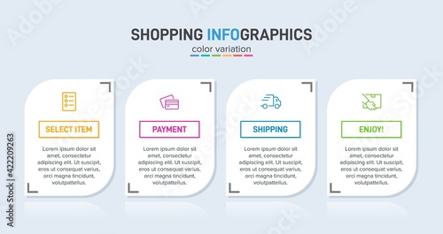 Concept of shopping process with 4 successive steps. Four colorful graphic elements. Timeline design for brochure, presentation, web site. Infographic design layout.