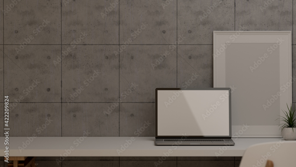 3D rendering, home office room interior design with laptop, mock up frame, plant pot and copy space, 3D illustration 3D rendering, home office room interior design with laptop, mock up frame, plant pot and copy space, 3D illustration