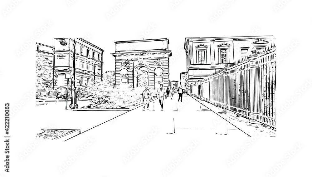 Building view with landmark of Montpellier is a city in southern France. Hand drawn sketch illustration in vector.