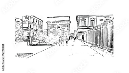 Obraz na płótnie Building view with landmark of Montpellier is a city in southern France. Hand drawn sketch illustration in vector. w salonie