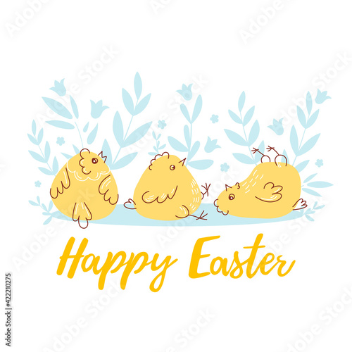 Easter card. Happy Easter  Cartoon yellow chickens on a white background  leaves  flowers. Flat vector illustration. 
