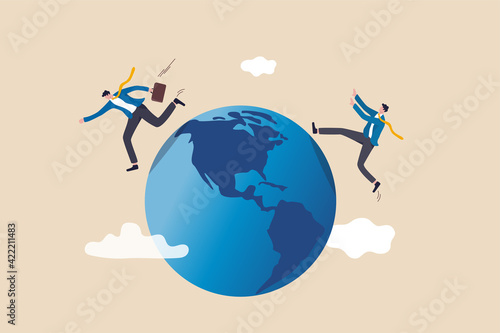 Global business competitor, innovation that change the agile world, international working abroad concept, businessman compete by running away and catch each other on the world, planet earth.